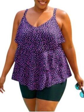 Bloomchic Plus Size 22-24 Tankini Top Tiered-Ruffle Black Pink Longer Fit